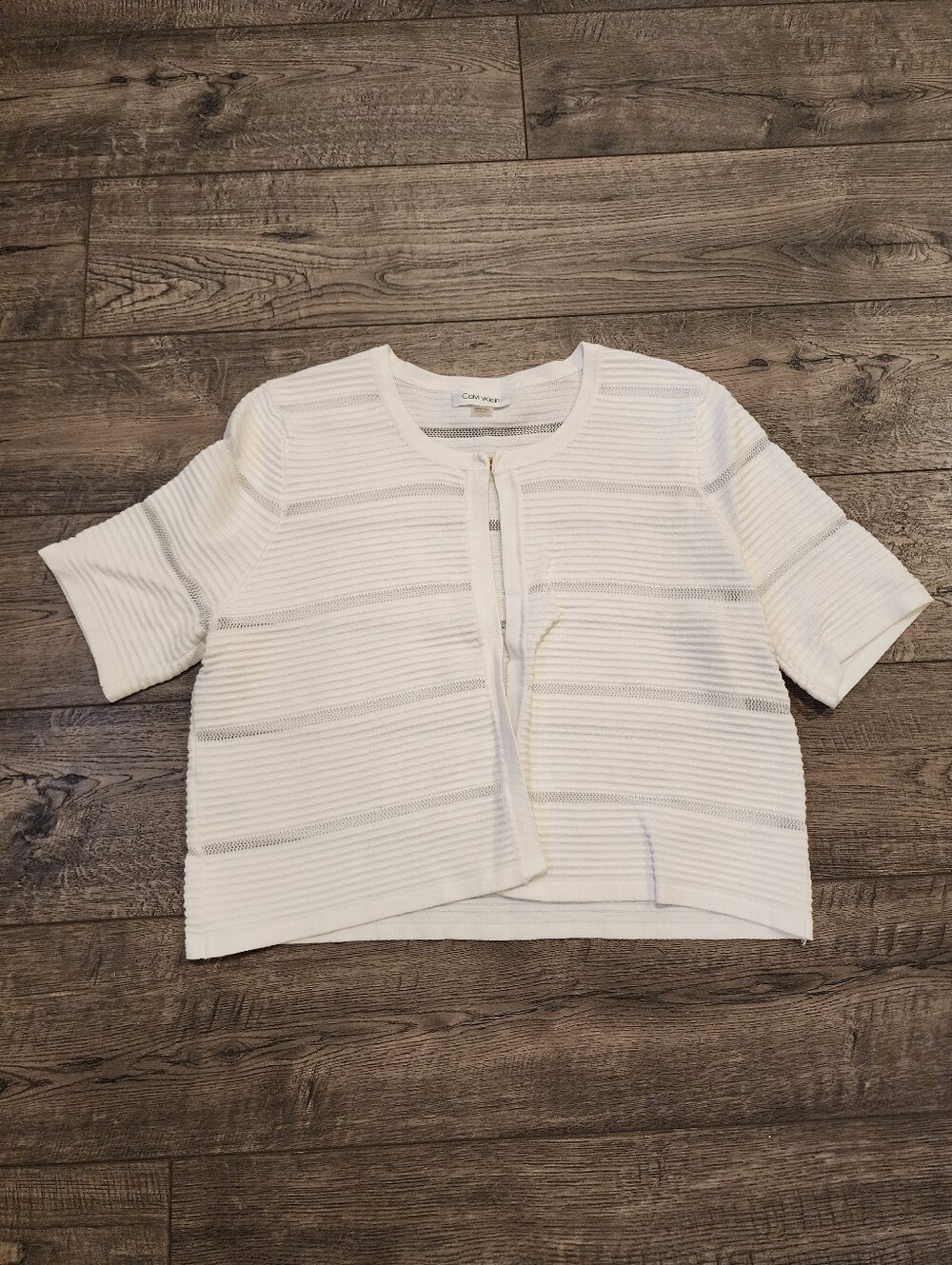 Calvin Klein Women Cardigan Size L White Short Sleeve Cropped Texture Knit Sheer